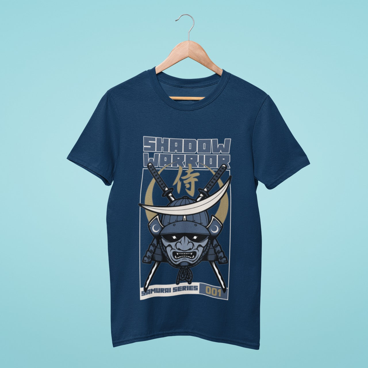 Unleash your inner shadow warrior with this blue t-shirt featuring a stunning samurai helmet design. Adorned with a crescent moon ornament, the Shadow Warrior title sets the tone for a powerful and striking look.