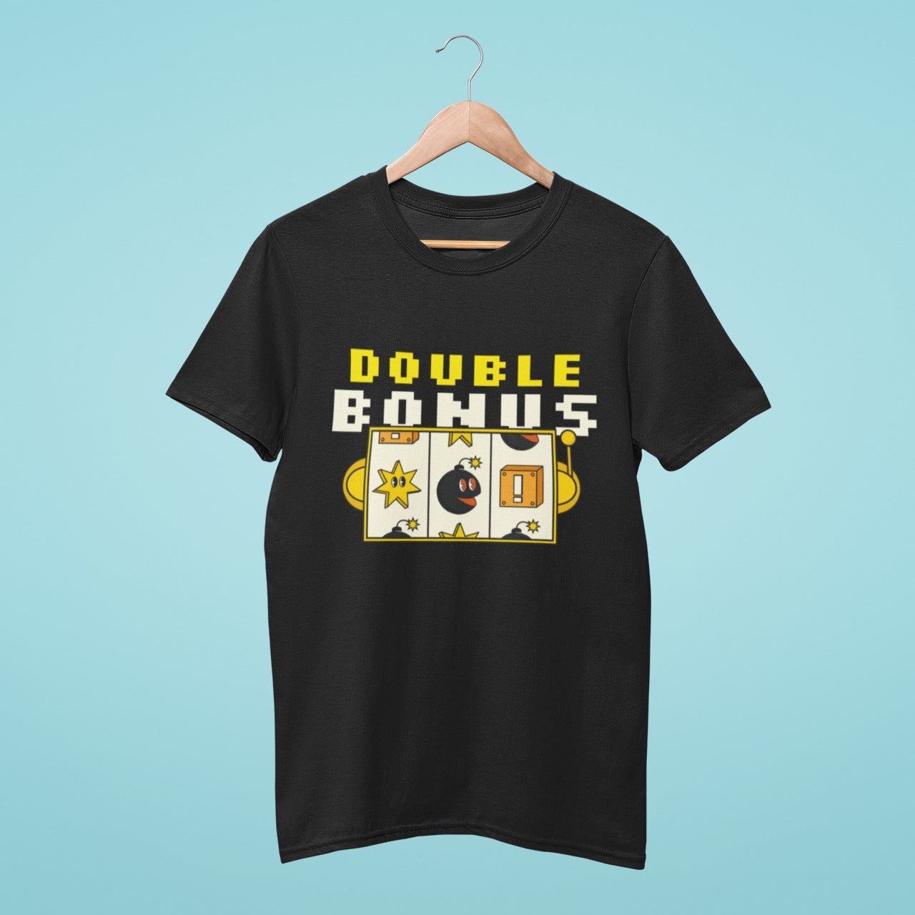 Looking for a stylish t-shirt that shows off your love for gambling? Our black t-shirt features a slot machine design with "Double Bonus" slogan. Made with high-quality materials, this comfortable and durable t-shirt is perfect for casino trips or everyday wear. Order now and show off your love for gambling in style!