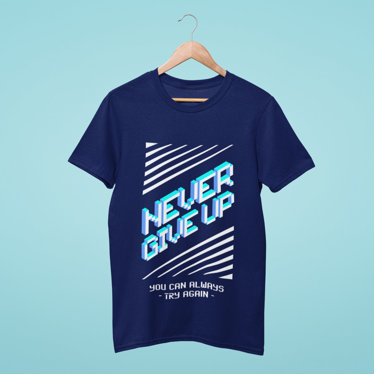 Level up your wardrobe with this navy blue t-shirt featuring a powerful message for gamers: 'Never give up' in bold letters at the center, and 'You can always try again' in small below. Show off your determination and resilience in style!