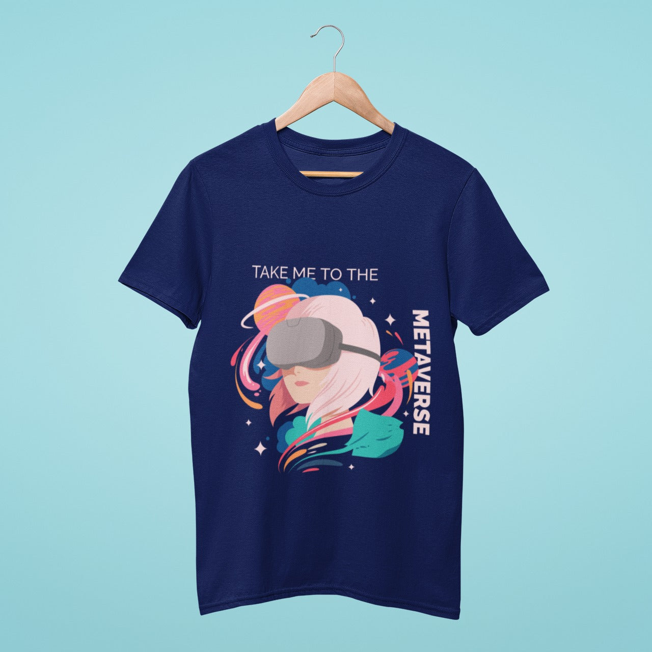 Step into a new reality with our navy blue t-shirt featuring 'Take Me to the Metaverse' slogan and a girl wearing VR goggles. Get ready to explore endless possibilities beyond the limits of the physical world.
