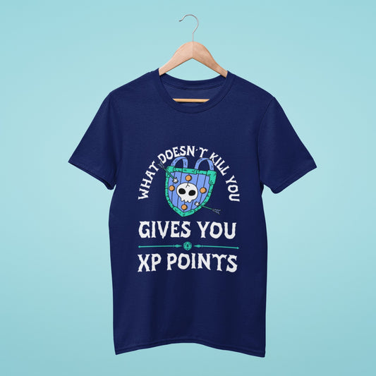 Looking for a gaming t-shirt that makes a statement? This navy blue tee with a skull shield and the slogan "What doesn't kill you gives you XP points" is perfect for you! Whether you're a seasoned gamer or just starting out, this shirt is sure to show off your skills and love for the game. It's comfortable, stylish, and perfect for gaming sessions. So, grab your controller, put on this shirt, and show the world that you're ready for whatever the game throws at you!
