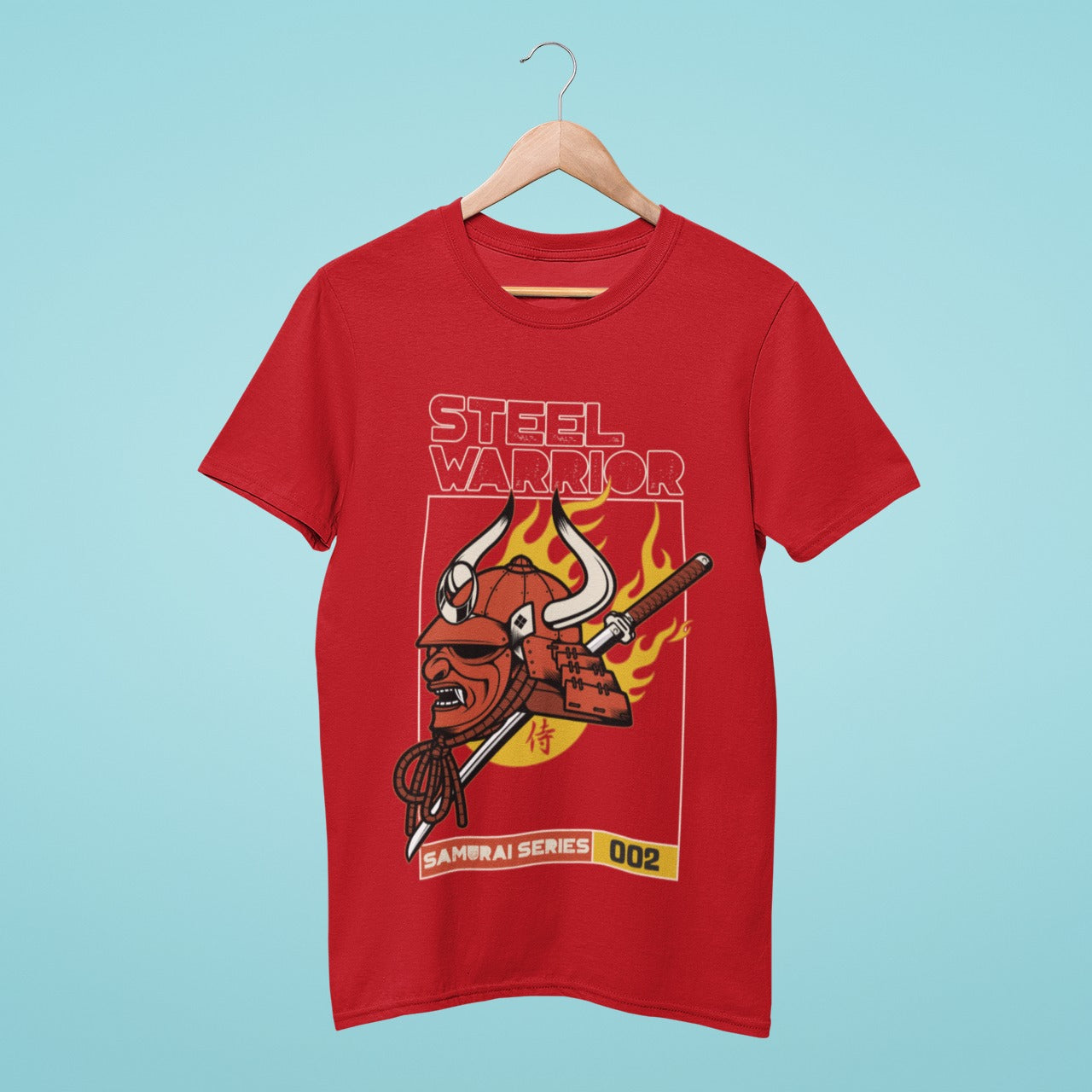Unleash your inner warrior with this red t-shirt featuring a burning samurai helmet in side profile and the title "Steel Warrior". Perfect for gamers who love to channel their fighting spirit in their gaming.