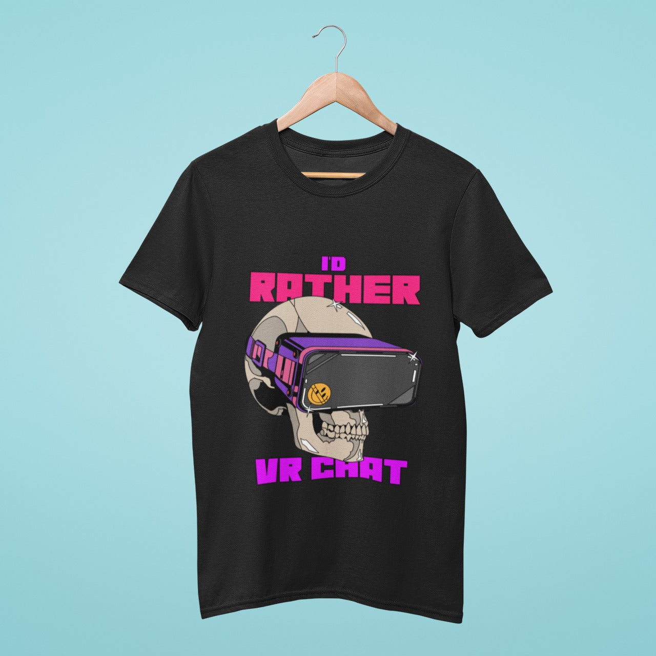 Elevate your style with our black t-shirt featuring a skull in VR goggles and "I'd Rather VR Chat" slogan. Perfect for gamers, this high-quality and comfortable t-shirt is sure to turn heads. Order now and show off your love for virtual reality gaming!