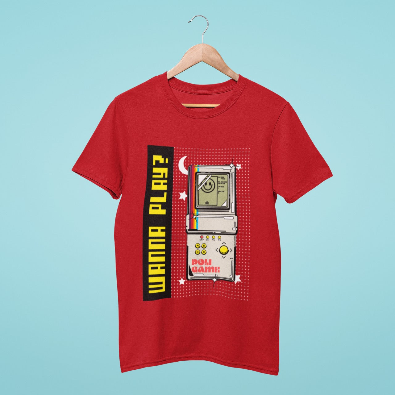 Introducing our red t-shirt with a nostalgic twist! The "Wanna Play?" title paired with a retro handheld LCD game console graphic is perfect for any gamer looking to relive their childhood. Our high-quality fabric ensures comfort while gaming for hours on end. Don't miss out on this playful and stylish addition to your gaming wardrobe!