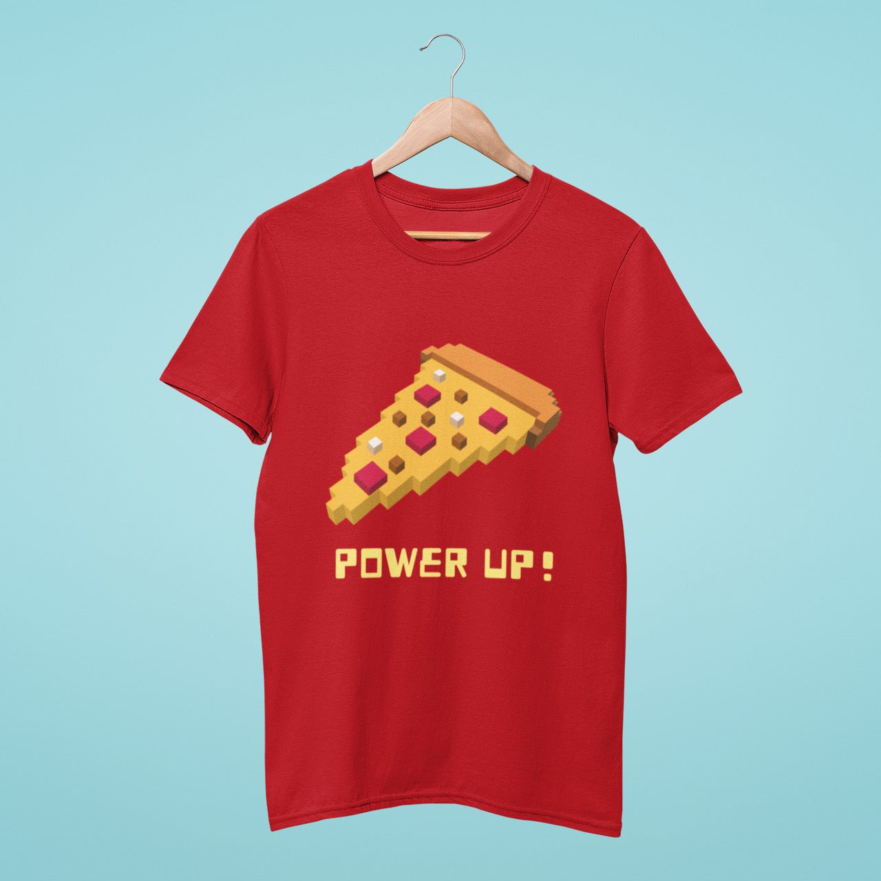 Level up your style with this red t-shirt featuring a delicious twist! The 'Power Up!' title and Minecraft-style pizza slice graphic make it perfect for gamers and foodies alike.