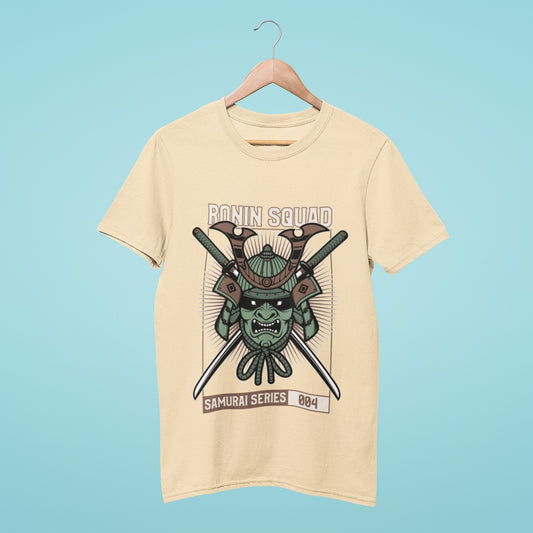 Join the Ronin Squad with our beige t-shirt. Featuring a fierce samurai helmet design with two swords, this premium quality tee is perfect for Japanese culture enthusiasts. Get yours now!