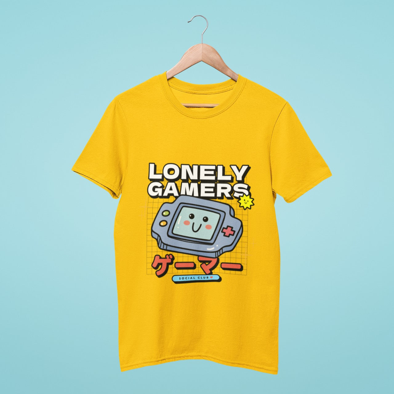 Join the Lonely Gamers Social Club with this yellow tee featuring a cute smiling console design and the slogan 'Lonely Gamers Social Club' - the perfect shirt for gamers who enjoy their own company.