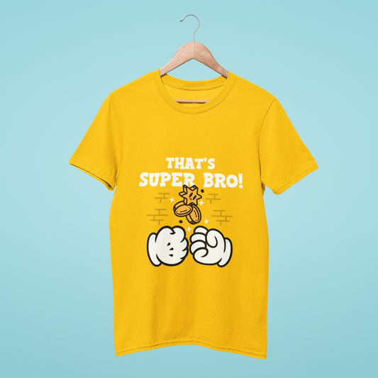 Get your game on with this yellow t-shirt featuring "That's Super Bro" slogan and two glove fists bumping. Perfect for the competitive gaming spirit.