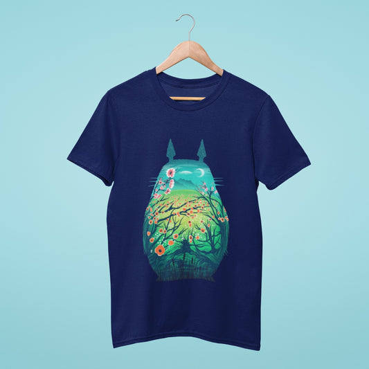 Show off your love for My Neighbor Totoro with our blue t-shirt featuring a silhouette of Totoro filled with beautiful nature elements. Made with high-quality materials, this comfortable and durable t-shirt is perfect for any fan of the iconic Studio Ghibli film. Order now and add this unique and stylish t-shirt to your collection!