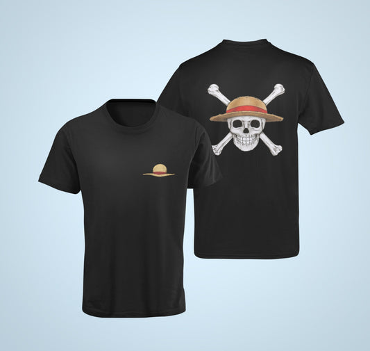 Show off your love for One Piece with our black t-shirt featuring the Straw Hat Pirate Jolly Roger on the back and the Straw Hat logo on the front. Made with high-quality materials, this comfortable and durable t-shirt is perfect for anime fans or anyone looking to add some style to their wardrobe. Order now and become a part of the Straw Hat crew!