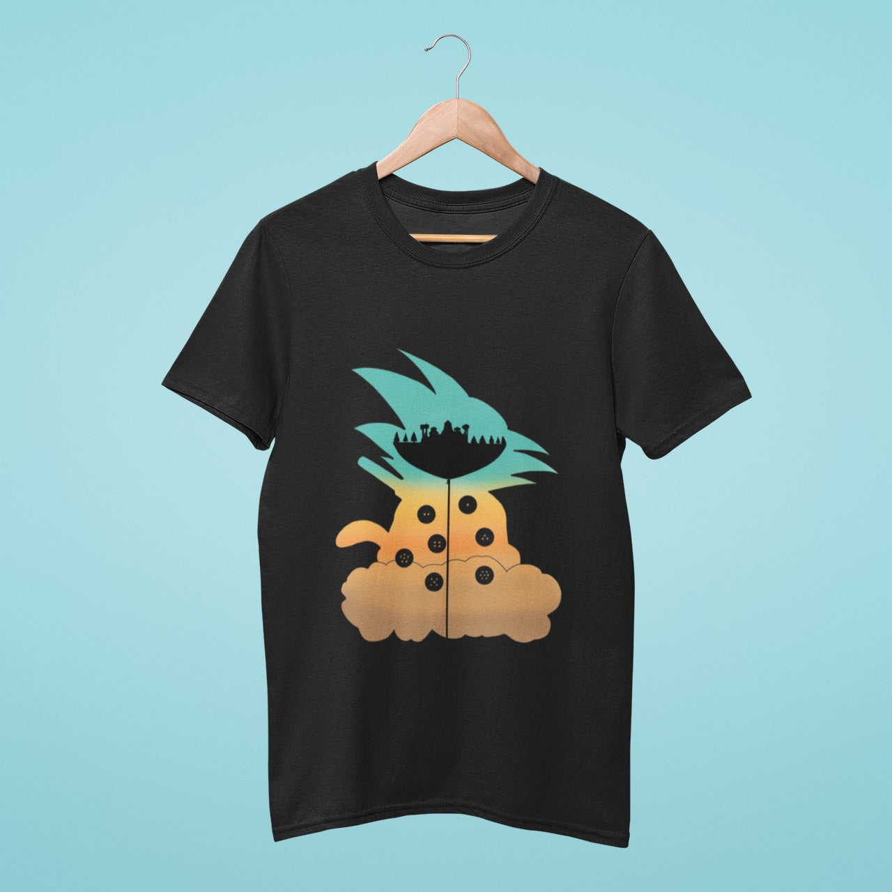 Show off your love for Dragon Ball with our black t-shirt featuring a silhouette of Kid Goku sitting on Nimbus surrounded by the 9 Dragon Balls and Kami's house. Made with high-quality materials, this comfortable and durable t-shirt is perfect for any fan of the legendary anime series. Order now and add this stylish t-shirt to your anime-inspired wardrobe!