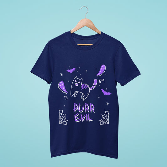 Get ready for Halloween with our navy blue t-shirt featuring a cute purple cat and the slogan "Purr Evil" instead of "Pure Evil." Made from high-quality materials, this comfortable and durable t-shirt is perfect for Halloween parties, trick-or-treating, or just showing off your love of spooky style. Order now and add some fun to your wardrobe!