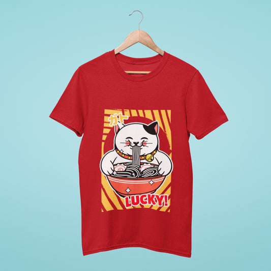 Add some luck to your wardrobe with our red t-shirt featuring a Japanese lucky cat enjoying a bowl of ramen and the title "Lucky". Made from high-quality materials, this comfortable and durable tee is perfect for everyday wear or as a gift for a friend. Don't miss out on adding this unique and lucky shirt to your collection!