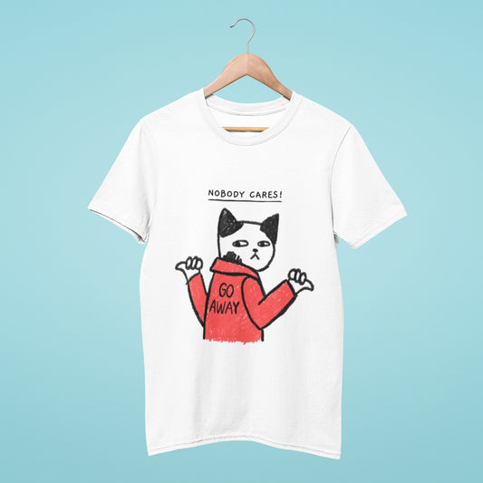 Stand out from the crowd with our white t-shirt featuring a white cat wearing a red jacket with "go away" written on it and the slogan "Nobody cares". Made from high-quality materials, this bold and stylish t-shirt is a must-have addition to your wardrobe. Get yours today!