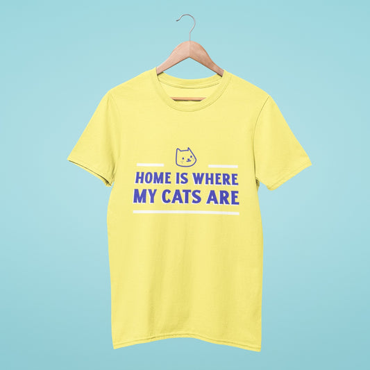 Celebrate your love for your furry friends with our yellow "Home is where my cats are" t-shirt. Made from soft cotton, this shirt is comfortable for casual outings or lounging at home. Showcasing a playful slogan, this t-shirt is perfect for cat lovers. Find our product easily with optimized keywords.