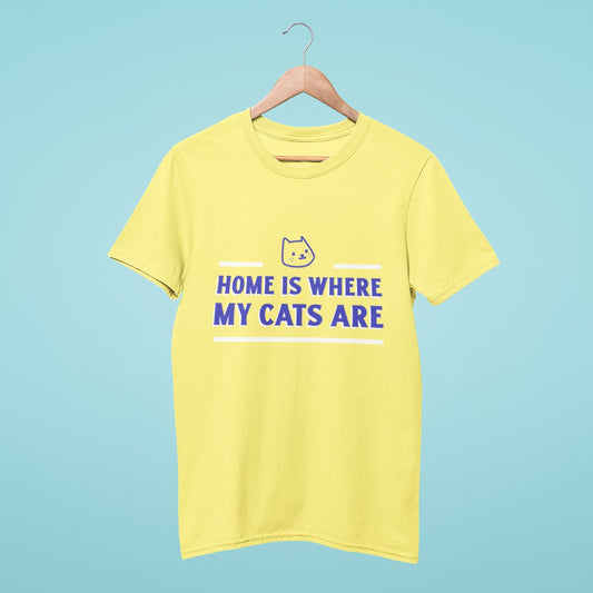 Celebrate your love for your furry friends with our yellow "Home is where my cats are" t-shirt. Made from soft cotton, this shirt is comfortable for casual outings or lounging at home. Showcasing a playful slogan, this t-shirt is perfect for cat lovers. Find our product easily with optimized keywords.