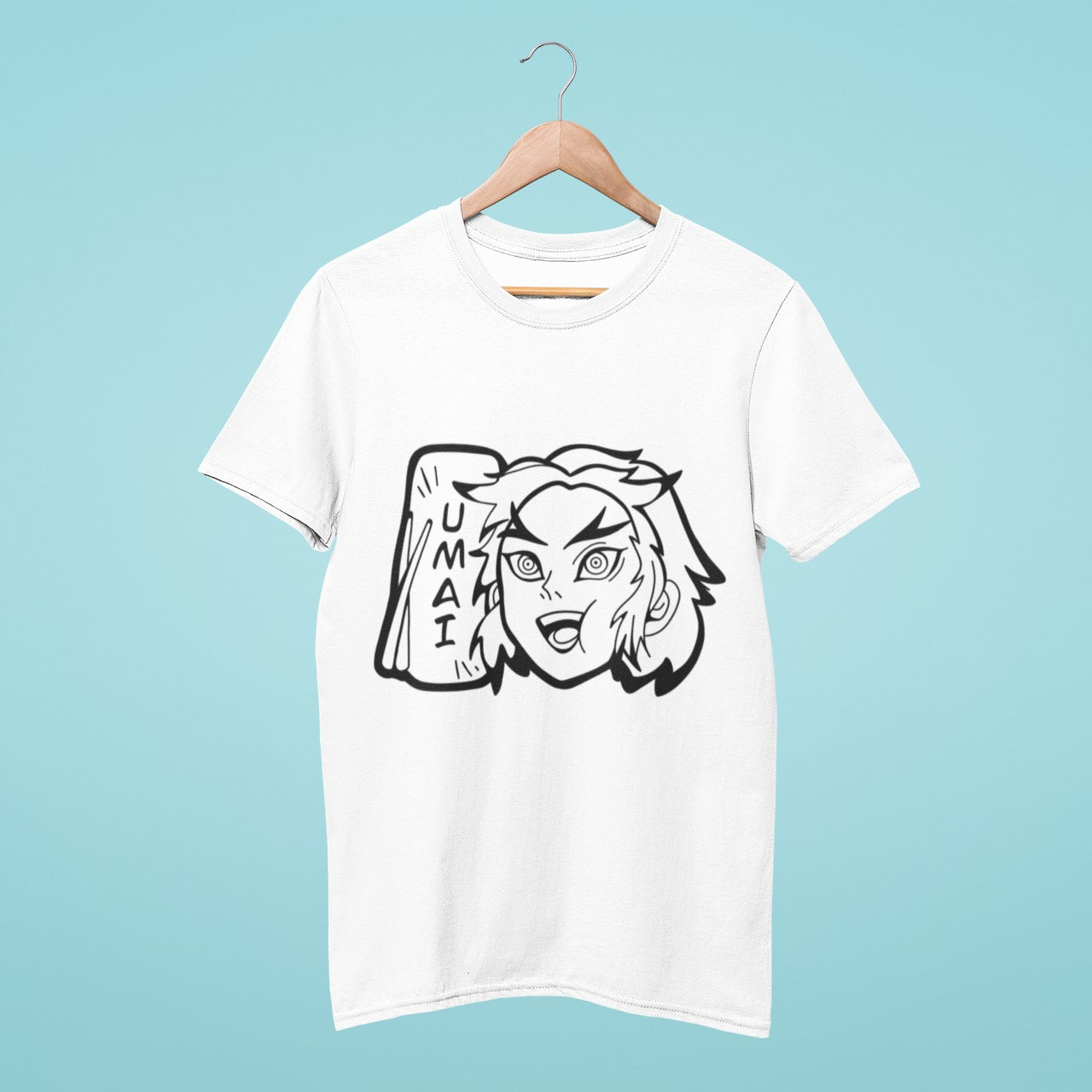 Add some joy to your wardrobe with our delightful white t-shirt featuring a charming black and white image of Rengoku from Demon Slayer, with a happy expression on his face and the word "umai" (meaning "delicious" in Japanese) as he's shown eating. Made with high-quality materials, this shirt offers both comfort and style. Perfect for anime conventions and casual outings, get yours today and showcase your love for the popular anime series!