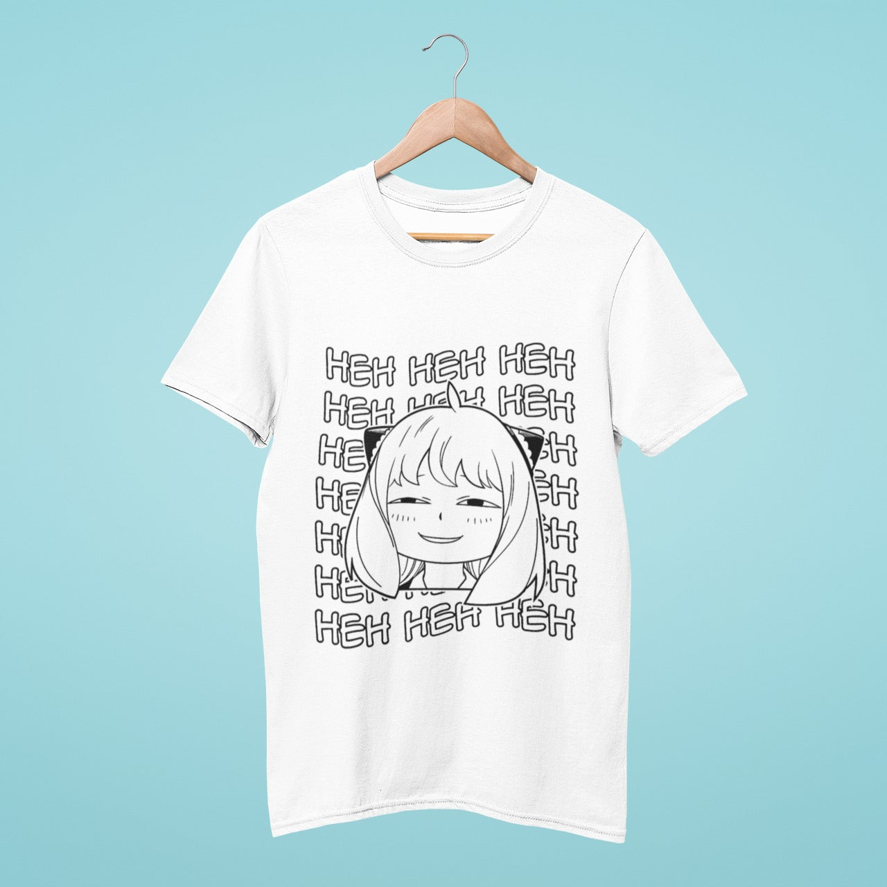 Show off your love for the popular manga series, Spy x Family, with our sleek white t-shirt featuring a striking black and white image of Anya smirking, with "heh heh heh" in the background. Made with high-quality materials, this unique t-shirt is perfect for casual outings and manga conventions. Get yours today and add some flair to your wardrobe!