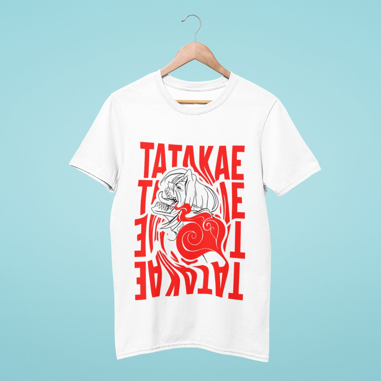 Get ready to show your love for Attack on Titan with our striking white t-shirt. Featuring "Tatakae" written in bold red four times and a circular morph with Eren's giant form face. Made with high-quality materials, this shirt offers both style and comfort. Make a bold statement with your fashion choices and grab yours today.