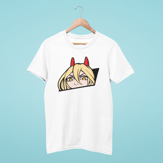 Get ready to showcase your love for Chainsaw Man with our playful white t-shirt featuring a chibi-style face of Power peeking from a rectangular slot. Made with high-quality materials, this shirt offers both comfort and style. Perfect for anime conventions and casual outings, get yours today and add some fun to your wardrobe!