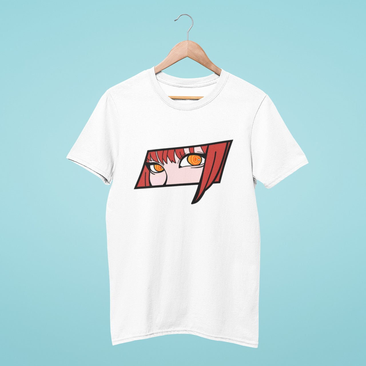 Get ready to showcase your love for Chainsaw Man with our sleek white t-shirt featuring Makima staring out with only her captivating eyes visible through a parallelogram. Made with high-quality materials, this shirt offers both comfort and style. Perfect for anime conventions and casual outings, get yours today and add some sophistication to your wardrobe!