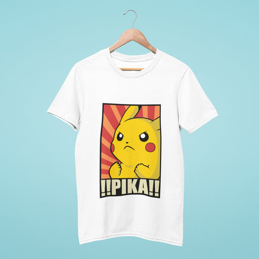 Get electrified with this white Pikachu t-shirt! Featuring a determined Pikachu with paws clenched and exclaiming !!pika!!, this shirt is perfect for any Pokemon fan. Show off your excitement and love for the iconic character with this comfortable and stylish tee.