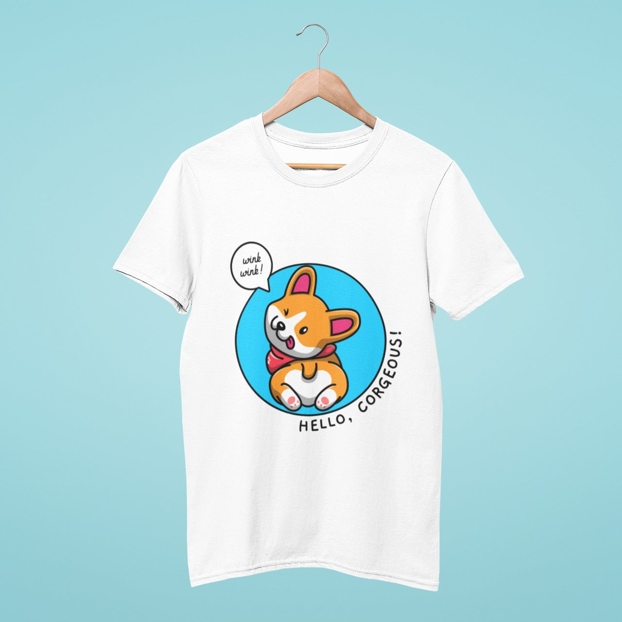 This white t-shirt features a cute cartoon corgi with its back turned, showing off its butt, and winking with a speech bubble that says "wink wink!" The caption "Hello, Corg-eous!" adds a playful touch. Perfect for corgi lovers who appreciate a bit of humor in their wardrobe.
