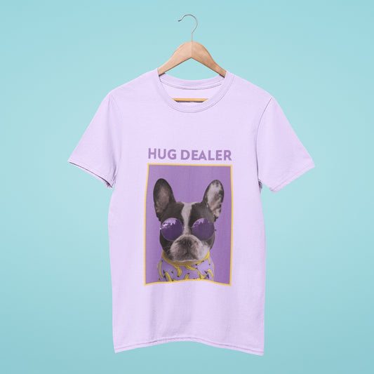 Introducing our "Hug Dealer" lavender t-shirt featuring a cool French bulldog wearing purple sunglasses. This cute and stylish tee is perfect for all dog lovers who want to spread some love and joy. Made from high-quality material, it ensures comfort and durability. Get yours today and become a hug dealer too!