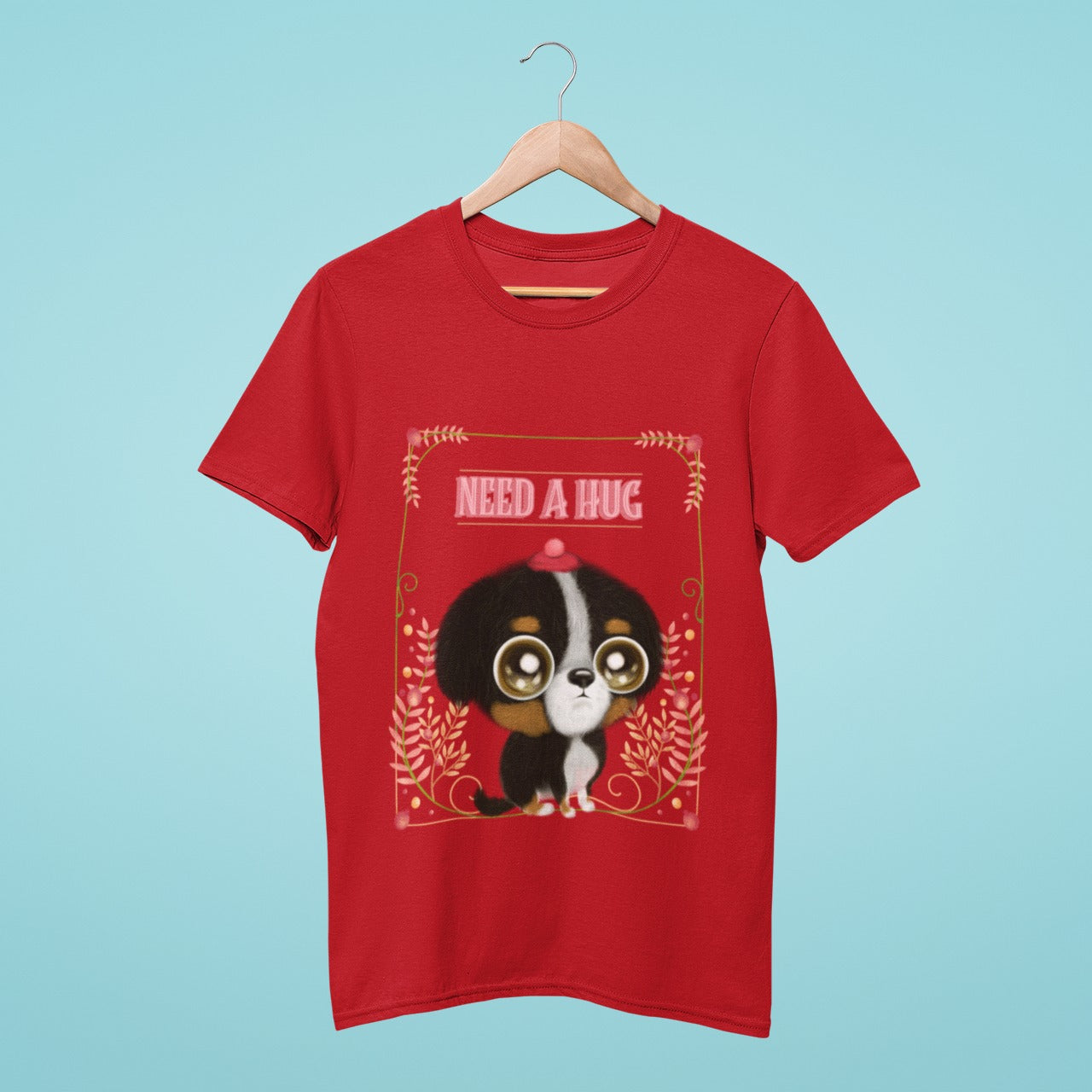 Looking for a hug? This red t-shirt with a big-headed and big-eyed puppy is just what you need! The adorable image is sure to make you smile and want to give this pup a big hug. With the title "Need a Hug" written in bold, you'll feel the love and warmth this shirt brings.