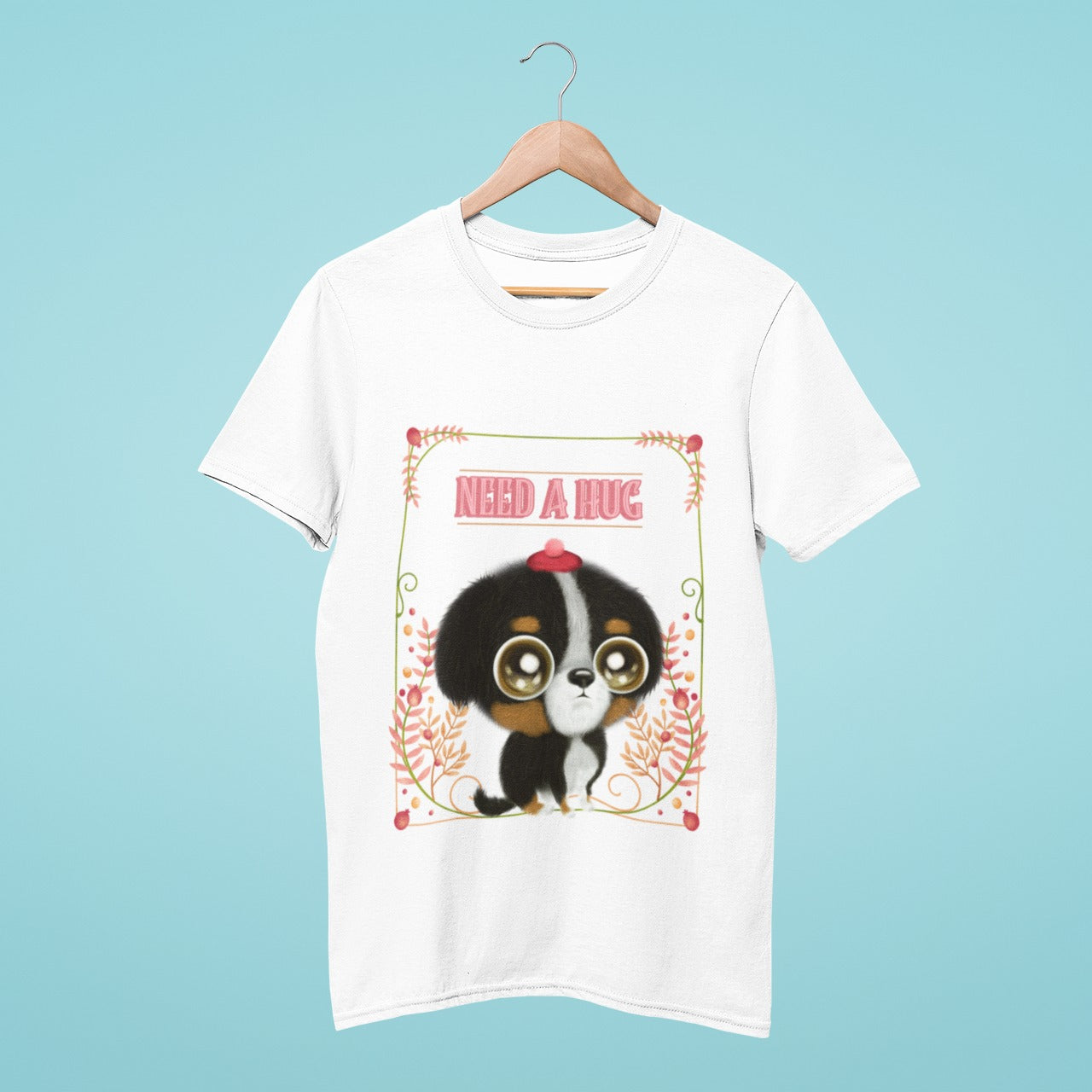 Looking for a cuddly companion? This white t-shirt featuring a cute big-eyed puppy with a big head and the title "Need a Hug?" is the perfect fit for any animal lover. Soft and comfortable, this t-shirt is perfect for everyday wear and is sure to bring a smile to anyone's face. Get yours now and spread some love!