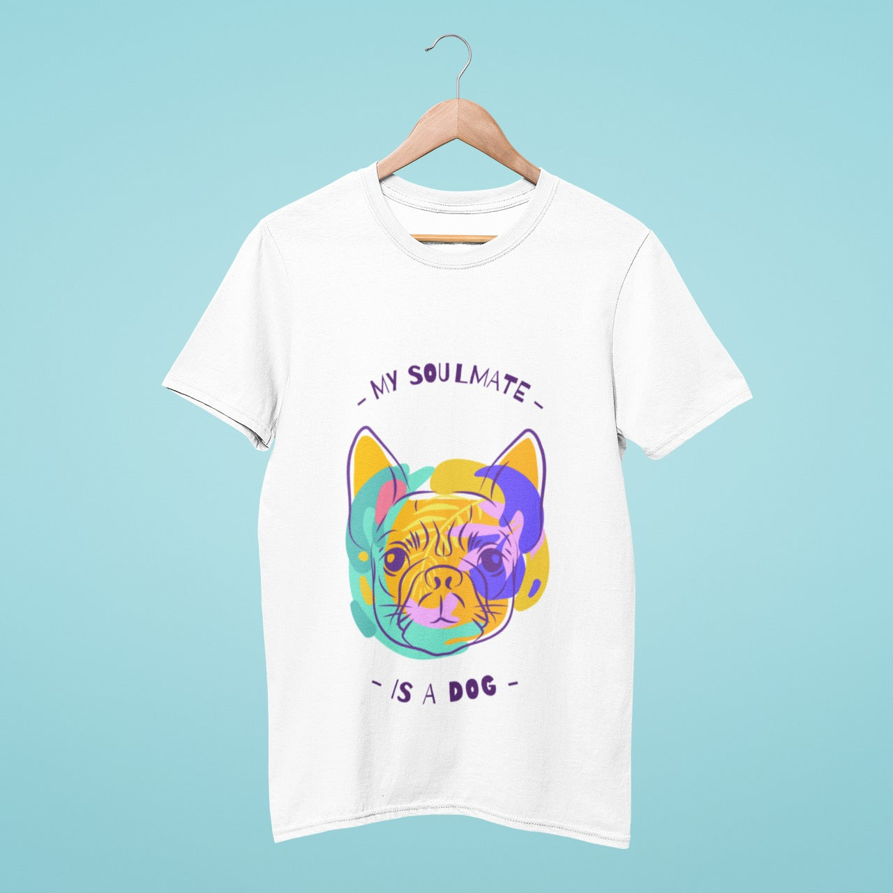 Get trippy with a white t-shirt featuring a painting of a French bulldog and the message "My soulmate is a dog". This unique and eye-catching design is perfect for any dog lover who wants to show off their love for their furry companion. Show the world your bond with your soulmate!
