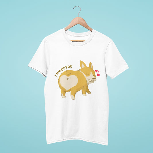 Looking for a fun and playful way to express your love for dogs? Check out this cute white t-shirt featuring a lovable corgi flashing its heart-shaped butt and the message "I woof you". Made with high-quality materials, this shirt is perfect for any dog lover who wants to show off their affection for their furry friend. Order yours today and spread the love!