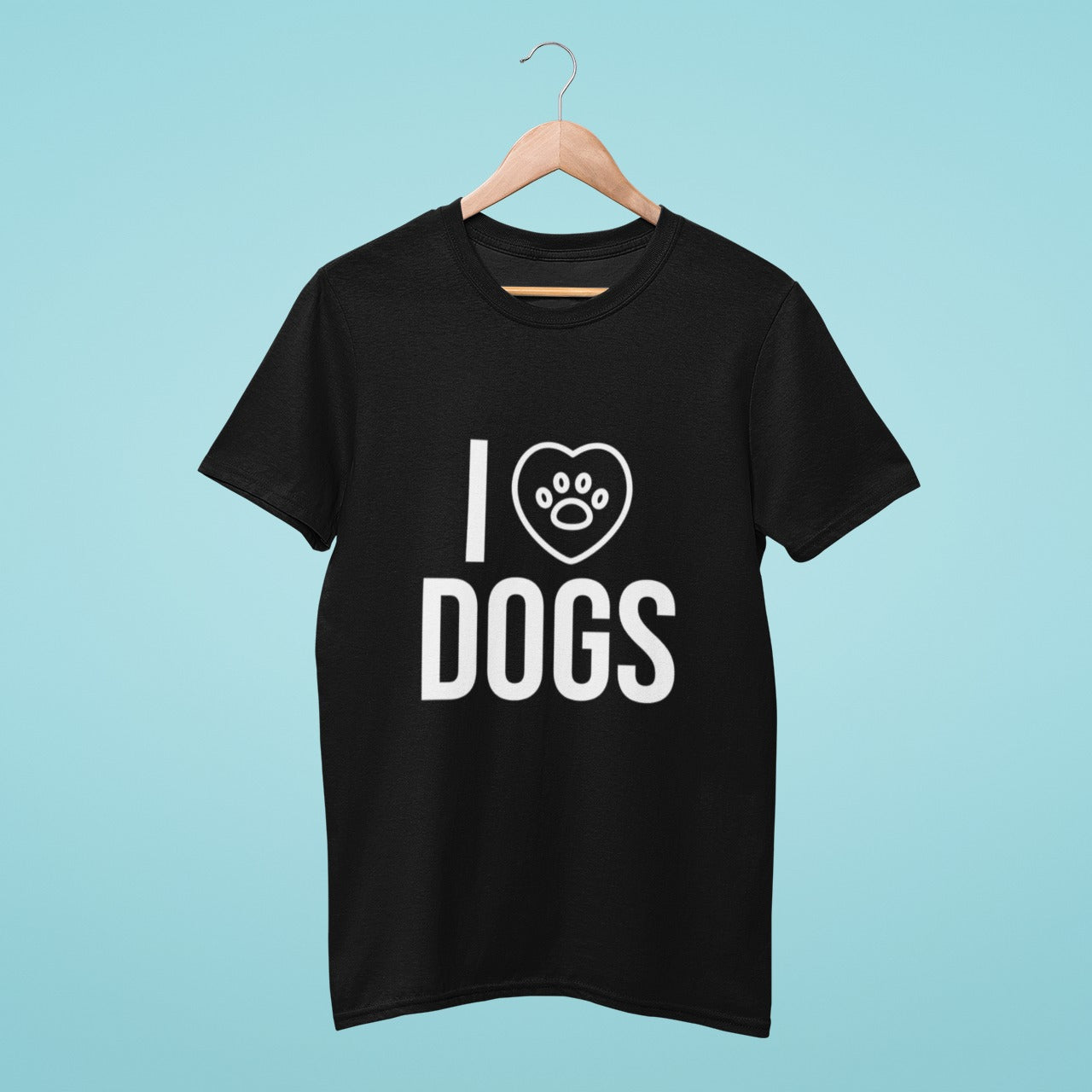 This black t-shirt is perfect for dog lovers! Featuring the message "I ❤️ dogs" with a heart symbol in place of the word "love" and a paw print inside the heart, this shirt shows off your affection for your furry best friends. Made from high-quality material, it's both comfortable and durable, making it the perfect addition to any dog lover's wardrobe.