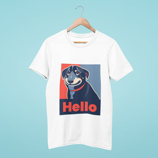 This white t-shirt features an adorable image of an awkward-faced dog in a dual tone of red and blue, perfect for animal lovers! With the caption "Hello" written in bold, this tee is sure to make a statement. Add some fun and humor to your wardrobe with this unique and eye-catching design.