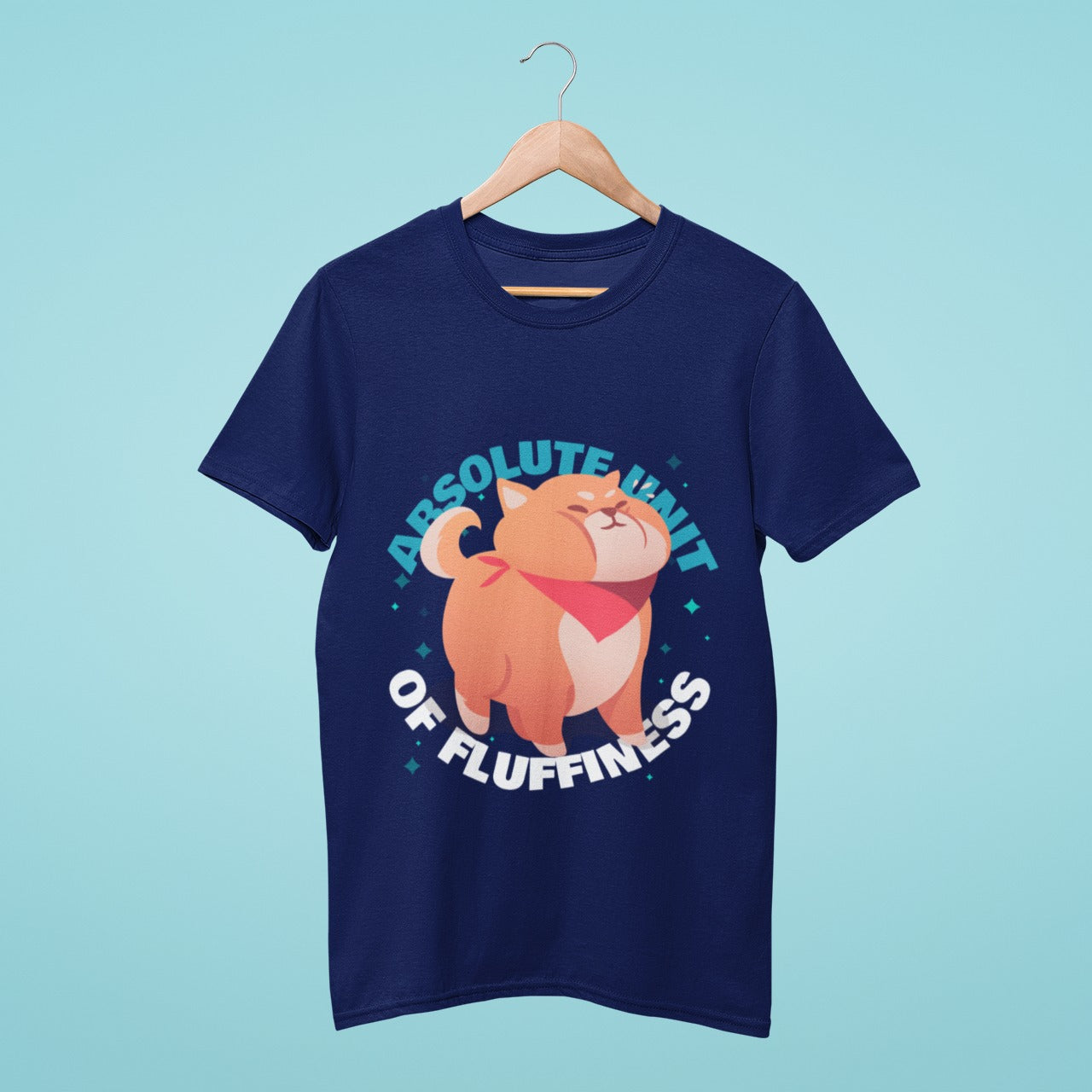 This navy blue t-shirt boasts the title "Absolute Unit of Fluffiness" accompanied by a charming graphic of a chubby and fluffy dog. With its soft and comfortable fabric, this tee is perfect for dog lovers looking to add some extra cuteness to their wardrobe.