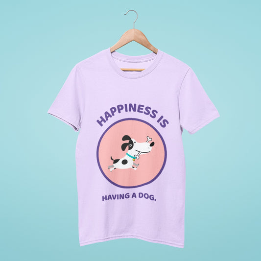 This lavender t-shirt with the title "Happiness is Having a Dog!" and a charming graphic of a cartoon dog running with a bone in its mouth is perfect for any dog lover. Made from high-quality material, this shirt is comfortable and durable. Express your love for your furry friend while staying stylish and comfortable in this adorable shirt. Order yours today!