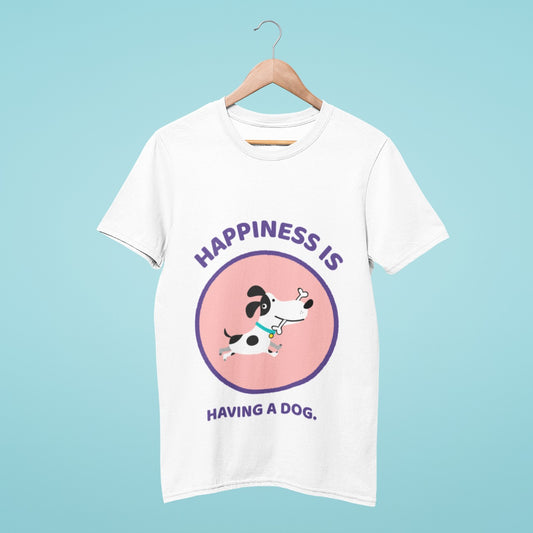 Get ready to feel the ultimate joy with our 'Happiness is having a dog!' t-shirt. Featuring a delightful cartoon of a dog running with a bone in its mouth, this white tee is perfect for any dog lover. Spread the happiness and show your love for your furry friend with this fun and stylish shirt.