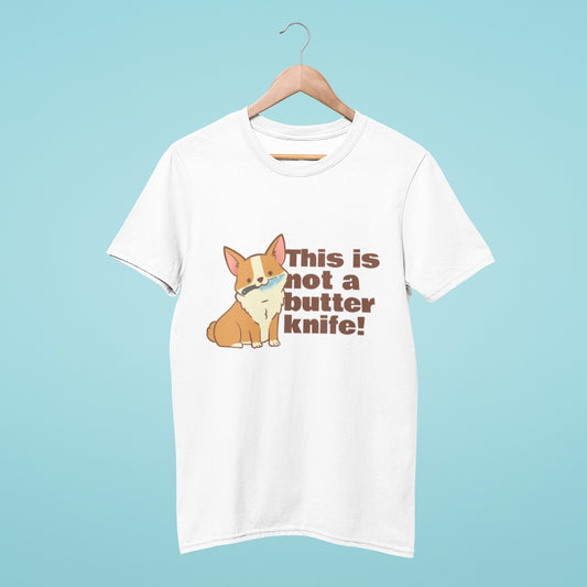 Get your paws on this hilarious corgi t-shirt that's sure to make you chuckle! Featuring a cute corgi holding a kitchen knife in its mouth and the words "This is not a butter knife!", this white tee is perfect for dog lovers with a sense of humor. Made with high-quality materials, this t-shirt is comfortable and durable for everyday wear.