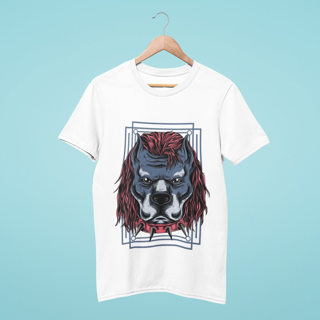 This white t-shirt features a grey-blue bulldog with a red-maroon lion-like mane, giving a serious and fierce look. With this unique design, you can show off your love for bulldogs and make a statement. Made with high-quality materials, this t-shirt is comfortable and durable, making it perfect for everyday wear. Get your hands on this unique and eye-catching shirt today!