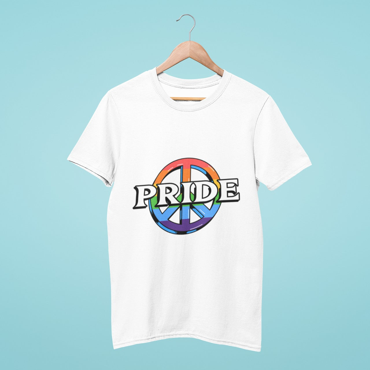 Spread the message of unity and love with our white t-shirt featuring "Pride" in bold letters and a peace symbol in rainbow colours in the background. This tee is made from high-quality materials, perfect for LGBTQ+ events and Pride celebrations. Order now and show your support for the community with this empowering and stylish t-shirt that spreads a powerful message of love and acceptance.