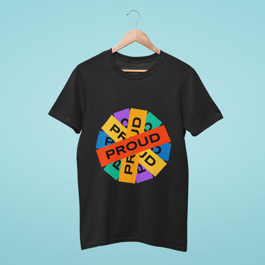 Express your pride with our black t-shirt featuring "Proud" in all caps, in a sticker design with a circular pattern. Made from high-quality materials, this tee is perfect for LGBTQ+ events and Pride celebrations. Let the world know that you are proud of who you are and show your support for the community with this empowering and stylish t-shirt. Order now and make a statement everywhere you go!
