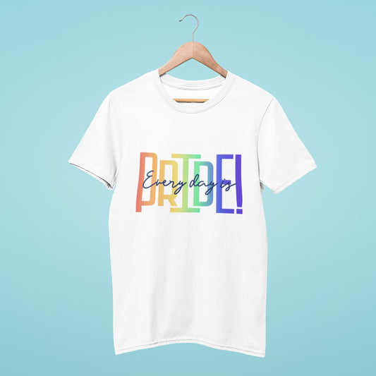 Show your support for the LGBTQ+ community with our white t-shirt featuring "Every Day Is Pride!" slogan, with "Every Day" in cursive and "PRIDE" in bold rainbow colours. Comfortable and stylish, this tee is perfect for spreading a message of love and acceptance. Order now and celebrate Pride every day with this eye-catching t-shirt!