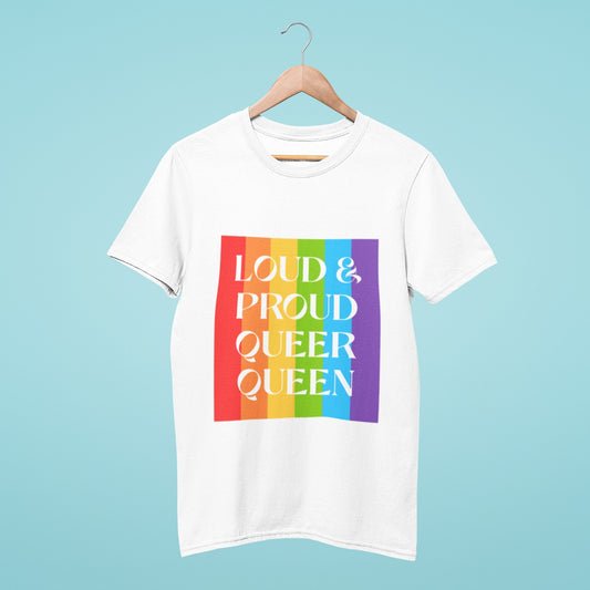 Celebrate your identity and show your support for the LGBTQ+ community with our white t-shirt featuring a pride rainbow block graphic with "LOUD & PROUD QUEER QUEEN" written inside it. Comfortable and stylish, this tee is perfect for making a bold statement and starting conversations. Order now and show the world that you're a loud and proud queer queen!