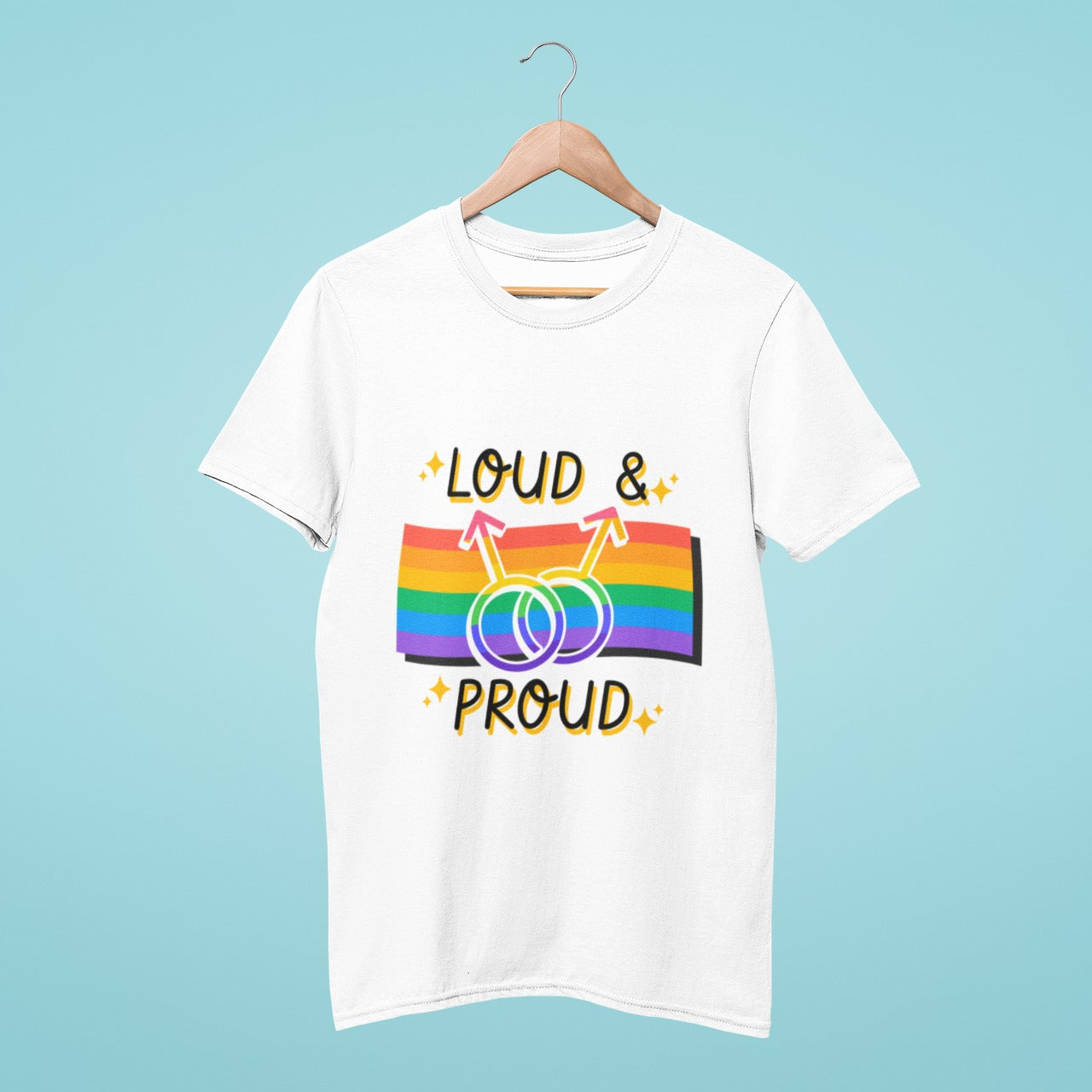 Celebrate love and acceptance with our white "Loud & Proud" t-shirt featuring a rainbow flag and two entangled male symbols. Made from high-quality materials, this tee is comfortable, durable, and perfect for any occasion. Show your support for the LGBTQ+ community and wear your pride on your sleeve with this stylish and impactful t-shirt. Order yours today!