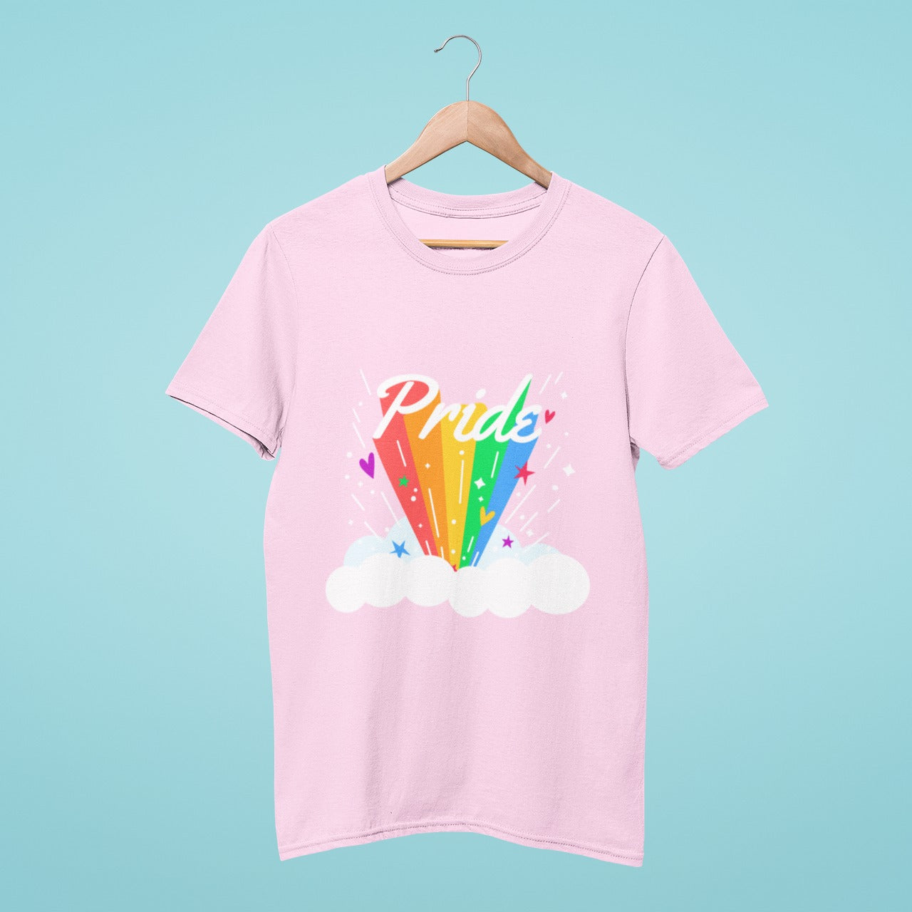 This vibrant pink t-shirt with a "Pride" design emerging from a cloud with a rainbow trail is the perfect way to show your support for the LGBTQ+ community. The stylish and colorful design will make you stand out in any crowd. Available in comfortable fabric, this tee is perfect for any casual occasion, from Pride events to everyday wear. Show your support and pride with this unique and eye-catching tee.