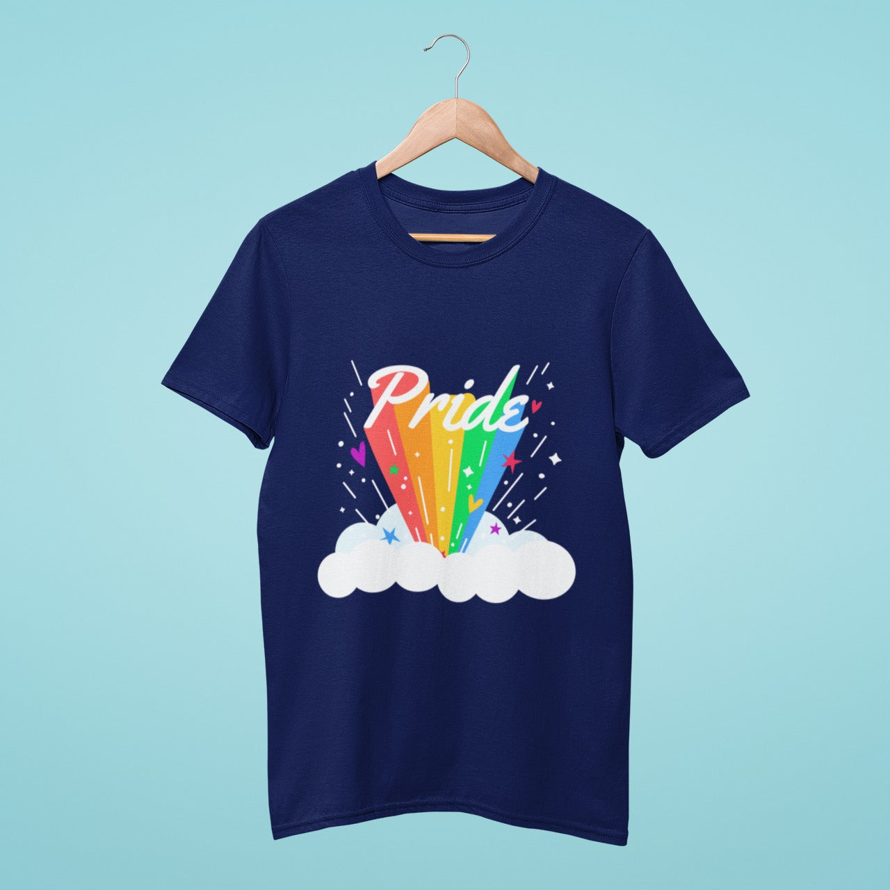 Get ready to make a statement with our navy blue t-shirt featuring a unique Pride design! The word "Pride" emerges from a cloud with a rainbow trail, making it clear that you stand with the LGBTQ+ community. With a comfortable fit and eye-catching design, this t-shirt is perfect for any occasion. Show your support for equality and wear your Pride on your sleeve with this navy blue tee.
