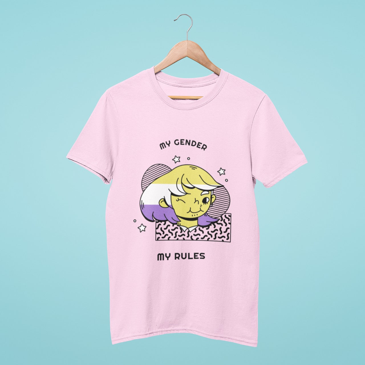 Celebrate your unique identity with our pink t-shirt featuring "My Gender My Rules" slogan and a graphic of a winking girl. Made from high-quality materials, this tee is perfect for self-expression and empowering individuals to stand up for themselves. Order now and show your support for the LGBTQ+ community with this empowering and stylish t-shirt that's sure to make a statement!