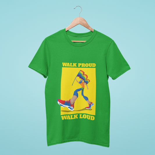 Make a bold statement with our green t-shirt featuring "Walk Proud, Walk Loud" slogan and a graphic of a blue bearded person holding the pride flag high. Made from high-quality materials and available in various sizes, this tee is the perfect way to show your support for the LGBTQ+ community. Wear it during Pride month or LGBTQ+ events to inspire others to walk tall and loud with pride. Order now and make a statement with this powerful and uplifting t-shirt!