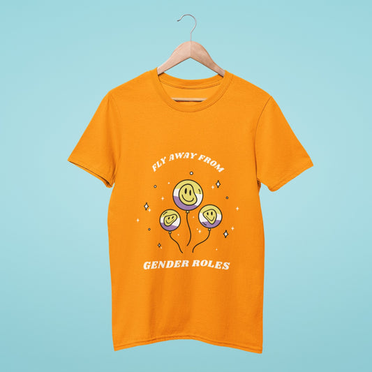 Our orange t-shirt with "Fly Away from Gender Roles" is an empowering statement piece for the LGBTQ+ community. Featuring three floating balloons with smileys of different shapes, this tee promotes gender equality and individuality while supporting LGBTQ+ rights. Made from high-quality materials and available in various sizes, order now to show your support for gender-neutral attitudes and break free from harmful stereotypes. Make a statement with this inclusive and uplifting tee!