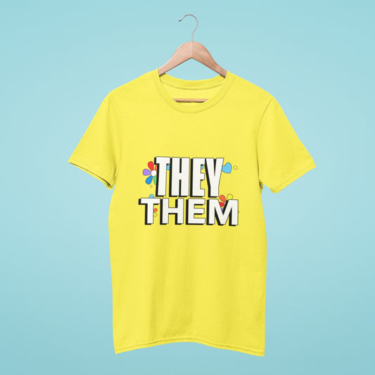 Our yellow round neck t-shirt features a 'They Them' design with rainbow flowers in the background, making it the perfect way to show your support for gender-neutral pronouns. Available in various sizes and made with high-quality materials, order now to add a touch of positivity and inclusivity to your wardrobe.